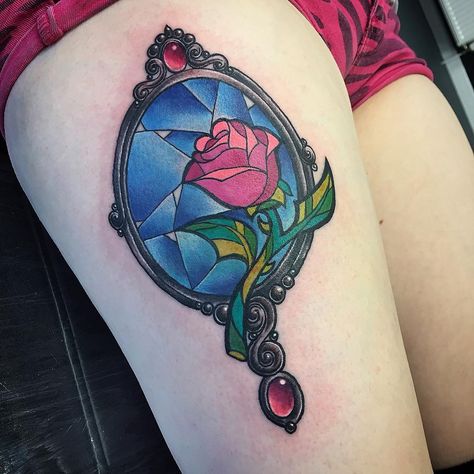 90 Likes, 9 Comments - B (@babsleotattoo) on Instagram: “I had loads of fun tattooing this Beauty and the Beast rose and mirror today!! ” Glass Rose Tattoo, Disney Thigh Tattoo, Mirror Tattoo, Beast Tattoo, Mirror Tattoos, Beauty And The Beast Tattoo, Alice And Wonderland Tattoos, Tattoo Disney, Beauty And The Beast Rose