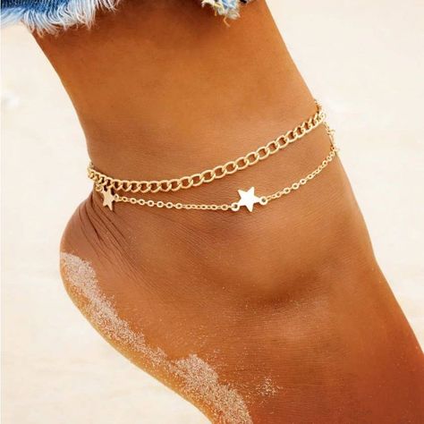 Gold Tone Layered Star Anklet. Approximately 8.5" + 1.75" Leg Jewelry, Cute Anklets, Star Anklet, Crochet Barefoot Sandals, Ankle Jewelry, Crochet Sandals, Beaded Anklets, Foot Jewelry, Women's Jewelry And Accessories