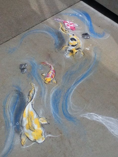 Coy fish chalk Chalk Fish Drawing, Fish Chalk Art, Chalk Fish, 3d Sidewalk Art, Draw A Fish, Pavement Art, Coy Fish, Chalk Wall, Sidewalk Chalk Art