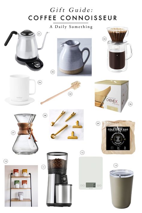 A gift guide for the coffee-lover in your life, with beautiful, functional tools and accessories. #giftsforcoffeelovers #slowcoffeesupplies #coffeesupplies #pourover #coffeelovergifts #coffeeloversgiftbasketideas #coffee #chemexlover #coffeeconnoisseurgifts Coffee Equipment Products, Coffee Accessories Products, Coffee Shop Accessories, Coffee Accessories Gift Ideas, Coffee Items, Coffee Lover Gifts Basket, Coffee Tools, Beverage Bar, Coffee Supplies