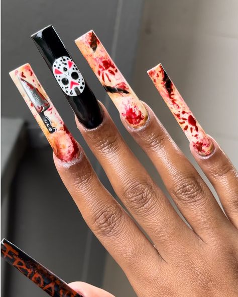 obsessing over these Friday the 13th nails 🩸🔪🖤 - - - - #halloweennails #halloween #nailtech #nails #nailinspo #scarynails #nashville #smyrnatn #smyrna #tn #nailsnailsnails Friday The 13th Nails, Scary Nails, Dipped Nails, Friday The 13th, Nail Tech, Halloween Nails, Nails Design, Nail Inspo, Nashville