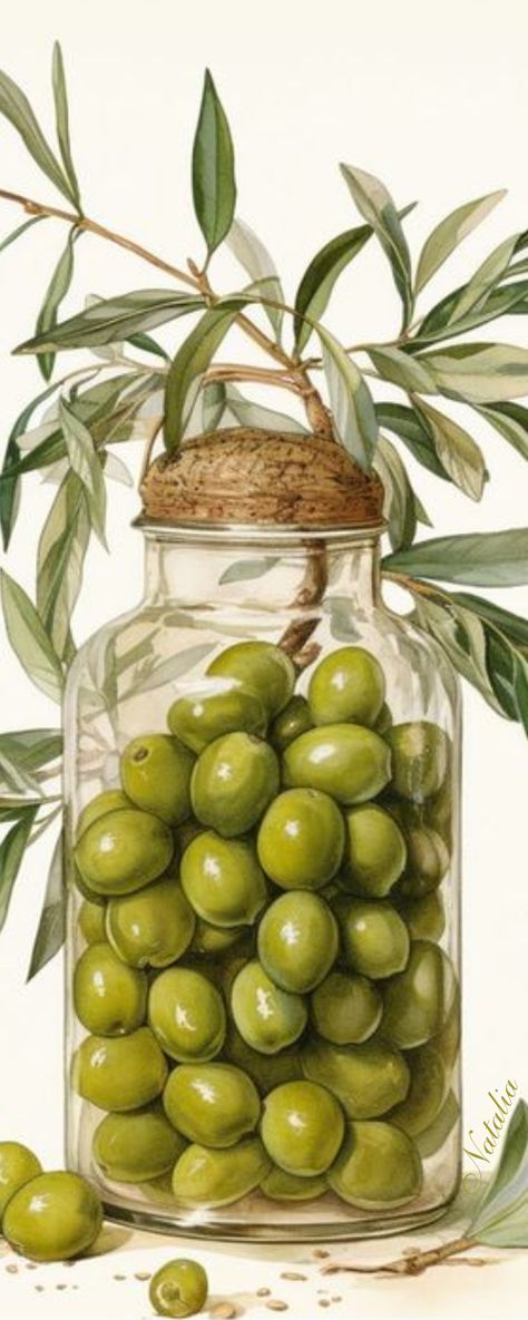 Olives Aesthetic, Olive Aesthetic, Food Illustration Art, Personalized Posters, In A Jar, Olive Branch, Green Tones, Unique Aesthetic, Food Illustrations