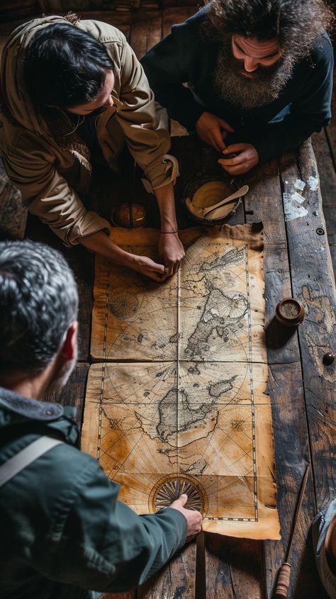 Planning Adventure Together: Three explorers gather around an old map laid out on a wooden table, plotting a journey. #exploration #map #planning #wooden table #adventure #route #journey #collaboration #aiart #aiphoto #stockcake https://ayr.app/l/jGMW Old Map Aesthetic, Map Aesthetic, Maps Aesthetic, Christmas Lights Wallpaper, Explorer Map, Lights Wallpaper, Worlds Apart, Map Making, Map Maker