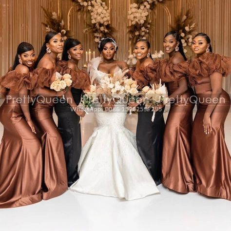 Black People Weddings, Brown Wedding Themes, Brown Wedding, Mermaid Bridesmaid Dresses, Dream Wedding Ideas Dresses, Bridesmaid Dresses Online, Bridesmaid Style, Satin Bridesmaid Dresses, Long Bridesmaid Dresses