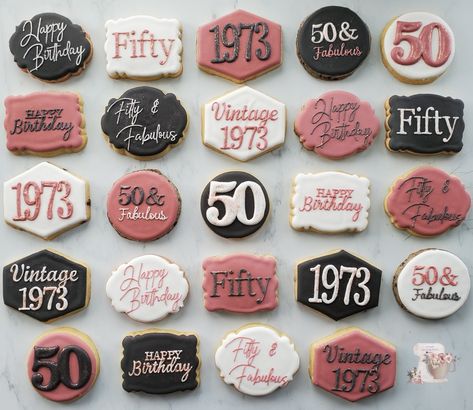 50th Bday Cookies, 50th Birthday Cookies For Woman, 50th Birthday Cookies, 50th Birthday Party Ideas, Cookies Theme, Birthday Party Desserts, Fifty Birthday, 50th Bday, Happy 50th