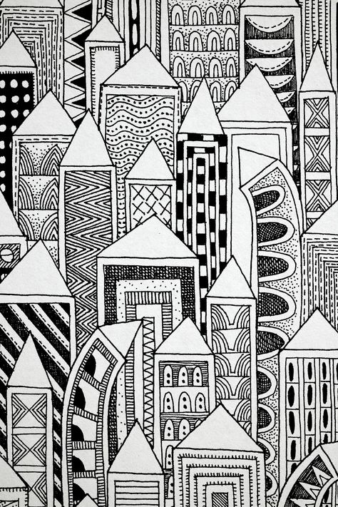 'Skyscraper' Quirky abstract archival quality Art Print. Open Edition. The original design for this print has been hand drawn using Rotring technical pens and then made into lovely prints using pigment quality ink onto soft white cotton 280gsm fine art paper. All prints are available in A5, A4 and A3. They are personally signed by me and come packaged in cellophane with a board backing to prevent bending or creasing. Prints are shipped in 3-5 business days. Frames, mounts and furniture are not i Stylo Art, Fineliner Art, Doddle Art, Zen Doodle Art, Quirky Illustration, Seni Origami, Zentangle Drawings, Line Art Design, Easy Doodles Drawings