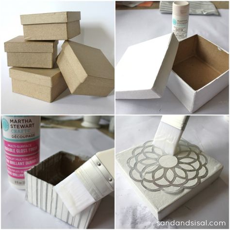 How to make decorative paper mache gift boxes #MSHoliday - fun holiday DIY using Martha Stewart Crafts - click thru for the full tutorial Diy Box Decor, Decorating Paper Mache Boxes, Cocktail Caviar, Decopatch Ideas, Decorative Gift Boxes, Diy Paper Mache, Diy Boxes, Decoupage Gifts, Rosary Boxes