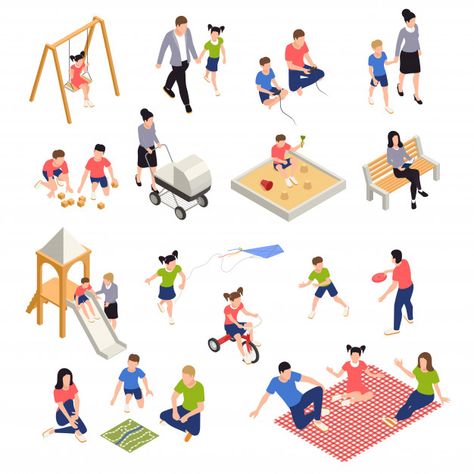 Family playing isometric icons set with parents and children isolated | Free Vector Mobility Illustration, Isometric Icons, Vector Illustration People, Render People, Bunny Sketches, Family Playing, Urban Design Diagram, People Cutout, Architecture People