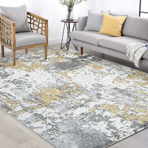 Korth Area Rug in Yellow/Gray Set Grey And Yellow Living Room, Yellow Grey Rug, Dining Room Contemporary, Area Rug Sets, 5x8 Area Rugs, Gold Living Room, Yellow Living Room, Floor Heating, Yellow Area Rugs