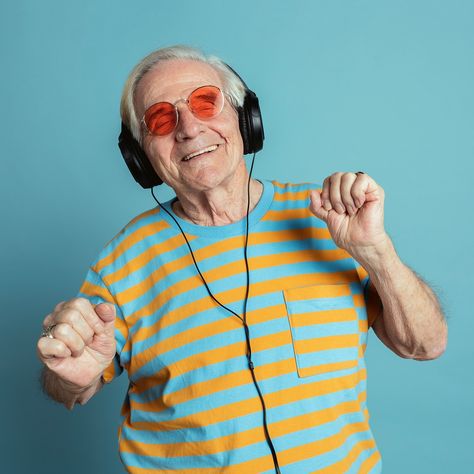 Happy senior man dancing while listening to music with headphones | premium image by rawpixel.com / McKinsey People With Headphones, Person Listening To Music, Happy People Photography, People Listening To Music, Happy Old People, Listening To Music With Headphones, Punk Collage, Music With Headphones, Music Photoshoot