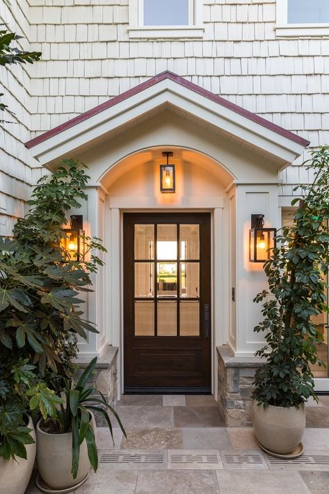 Cape Style House, Portico Entry, Cape Cod Interior Design, Cape Cod Exterior, Cape Cod House Exterior, Custom French Doors, Front Porch Addition, Door Overhang, Portico Design