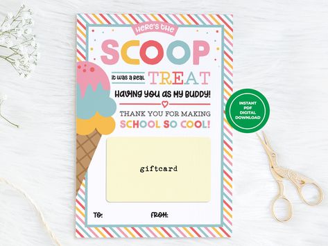 End of the Year Friend Printable Gift Card Holder, Ice Cream Gift Card Holder, Buddy Gift Ideas Last Day of School Summer Break Download Ice Cream Gift Card Holder, Ice Cream Gift, Buddy Gifts, Printable Gift Cards, Teacher Printable, Gifts For Teachers, Summer Break, Last Day Of School, End Of The Year