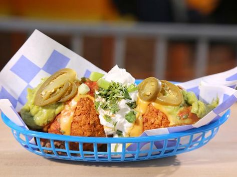 Get Deep Fried Nacho Supreme Recipe from Cooking Channel Nacho Supreme Recipe, Nacho Supreme, Nachos Supreme Recipe, Olives Recipes, Carnival Eats, Nachos Supreme, Fair Foods, Stuffed Olives, Mexican Meals