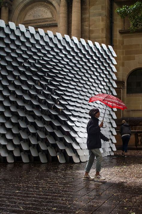 Pavilion at State Library of NSW converts paintings into sound | ArchitectureAU Beginner Architecture, Aluminum Shingles, Sketches Architecture, Kinetic Architecture, Futurist Architecture, Plan Architecture, Drawing Architecture, Metal Facade, Sound Installation