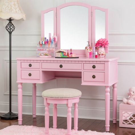 Falke Dressing Vanity Set with Mirror Small Bedroom Vanity, Pink Vanity, Padded Stool, Pink Furniture, Dressing Table Design, Vanity Table Set, Contemporary Vanity, Mirror Color, Vanity Set With Mirror