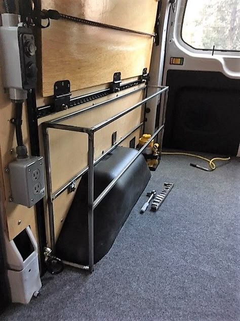 Cargo Van Organization, Overhead Van Storage, Van Bed Storage, Cargo Van Storage Ideas, Camper Wheel Well Ideas, Van Storage Ideas Tools, Diy Van Storage Ideas, Work Van Storage Ideas, Van Storage Ideas