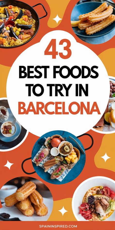 A collection of colorful dishes showcasing 43 must-try foods in Barcelona. Best Food In Barcelona, Food In Barcelona, Barcelona Tourist Attractions, Barcelona Tourist, Catalan Recipes, Travel In Spain, Barcelona Vacation, Food To Try, Barcelona Restaurants