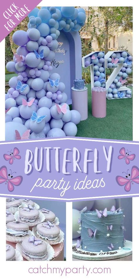 Birthday Party Ideas Butterflies, Butterfly Aesthetic Party, Blue And Purple Butterfly Birthday Theme, Butterfly 2nd Birthday Party Ideas, Pretty Birthday Party Themes, Buterfluffy Party Theme, Pastel Butterfly Birthday Party Decorations, Butterfly Decor Birthday, Butterfly Birthday Theme Ideas