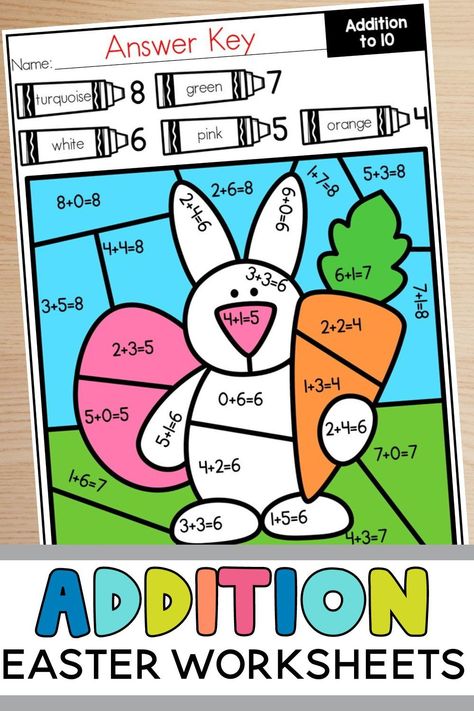 Need a quick and fun Easter worksheet to review addition and subtraction to 10? Students will love solving each addition and subtraction and coloring the cute Easter -themed pictures according to the code.Six different printable color-by-code worksheets are included in this resource plus an answer key for each. 2 worksheets are focused on addition to 10, 2 worksheets are focused on subtraction to 10, and 2 include both addition and subtraction problems. Number Worksheets For Kindergarten, Addition Color By Number, Spring Lesson Plans, Shape Worksheets For Preschool, Fun Math Worksheets, Pocket Chart Activities, Morning Work Activities, Easter Worksheets, Kindergarten Colors