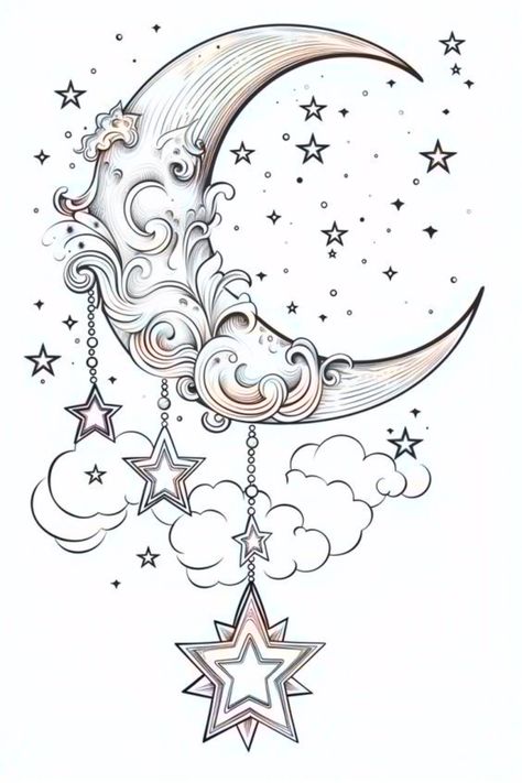 Half Moon Drawing Design, Astrology Drawing Ideas, Moon Designs Drawing, Moon Dream Catcher Drawing, Moon Drawing Aesthetic, Moon Drawings Aesthetic, Celestial Drawings, Moon And Stars Drawing, Sun Moon Drawing