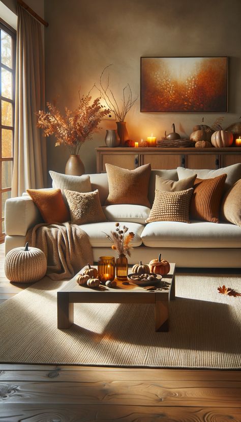 A warm, autumn-themed living room with a beige sectional sofa and cozy throw draped over the arm. The coffee table is adorned with seasonal decorations. Light enhances the room's cozy ambiance. Cozy Brown Couch Living Room, Cognac Living Room Color Schemes, Taupe And Orange Living Room, Tan Living Room Furniture, Living Room Hygge Style, Caramel Living Room, Boho Living Room Brown Couch, Autumn Inspired Living Room, Neutral Living Room Wall Color