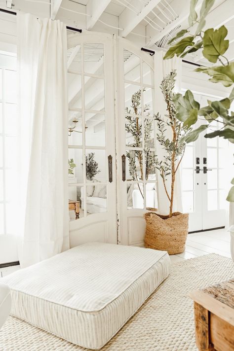 Doors With Mirrors, Neutral Bedding Sets, Bohemian Bungalow, Mirrored Doors, Liz Marie, Liz Marie Blog, Spring Bedroom, Cheap Bedding, Annie Selke