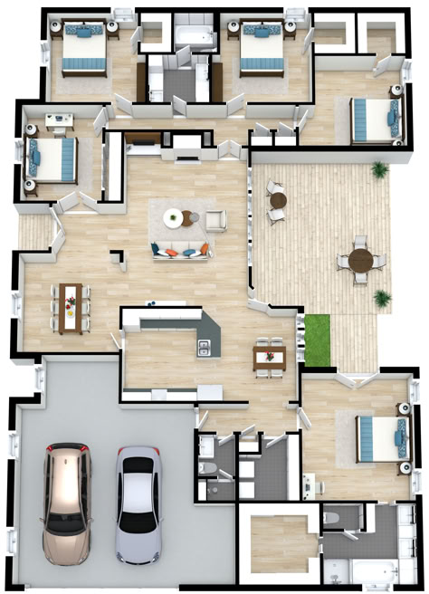 A square five bedroom floor plan with a two-car garage, and a semi-open concept in the middle. 5 Bedroom Open Floor Plan, Dream Home Design Floor Plans, House With Side Garage, Six Bedroom House Plans, 5 Room House Plans, 5 Bedroom House Floor Plan One Level, Two Floor House Plans, House 5 Bedroom, 5 Bedroom House Floor Plan