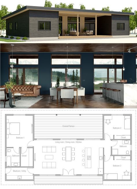 Small House Plan - perfect layout Small Open Plan House Layout, Modern House Design Plans Architecture, 3 Bedroom Layout Floor Plans, Minimalist Home Plans Layout, Small Rectangle Home Floor Plans, Minimalistic House Plans, C Shaped Floor Plan, Rectangle Floor Plans Open, Beach House Bungalow Floor Plans