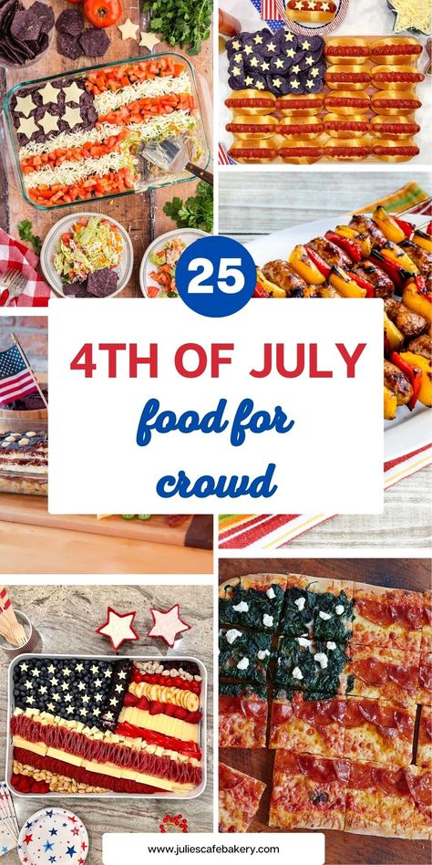 TEXT: "25 4th of july food for crowd" and six photos of food for crowd in thematic red, white and blue colors. There are hot dogs, tacos, pizza, etc. America Themed Food, 4th Of July Inspired Food, 4th Of July Meals Ideas, Festive 4th Of July Food, Festive Fourth Of July Food, Traditional 4th Of July Food, 4th Of July Lake Food, 4th Food Ideas, 4th Of July Foods For A Crowd