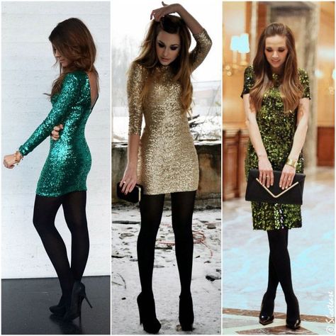 What Shoes to wear with Sequin Dresses Sequin Dress Black Tights, Cocktail Dress With Tights, Black Sequin Dress Outfit, Dresses With Black Tights, Sequin Dress Outfit, Neon Prom Dresses, Sequin Short Dress, Green Sequin Dress, Sparkly Prom Dress