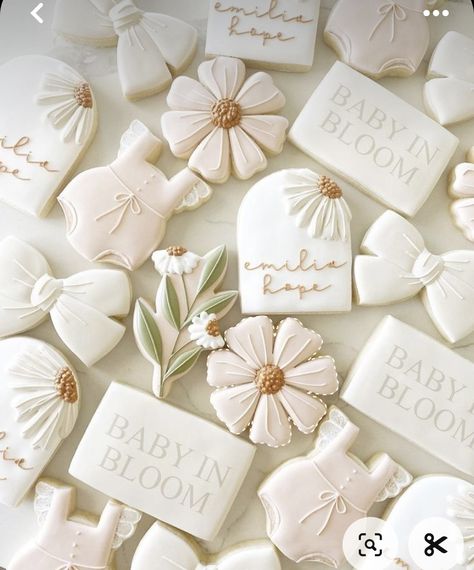 Baby Girl Baby Shower Ideas Spring, Baby In Bloom Macarons, Baby In Bloom Desert Table, Pink Girly Baby Shower Ideas, Baby In Bloom Cookies Gender Neutral, Baby Bloom Shower Ideas, Baby In Bloom Brunch Shower Ideas, Daisy Baby Shower Cookies, Baby In Bloom Neutral Shower Ideas