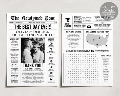 "Mini Newspaper Wedding Program Template THIS IS A TEMPLATE WHICH YOU CAN EDIT ON YOUR BROWSER- NO PHYSICAL PRODUCT WILL BE SHIPPED ❤️ EDITABLE TEMPLATE  - 5x7\" & 5.5x8.5\" sizes included - Edit immediately right from your browser - Personalize most text, fonts, & colors - Change size, placement, or delete elements completely - Upload your own logo or image ------------------------------------ ⭐️➡️ TRY THIS TEMPLATE BEFORE BUYING ⬅️⭐️ Copy + Paste this DEMO link into your browser:  https://temp Bride And Groom Newspaper, Wedding Program Reception, Newspaper Program Wedding, Wedding Newspaper Ideas, Mini Newspaper, Wedding Newspaper Program, Reception Program, Newspaper Wedding, Newspaper Wedding Programs