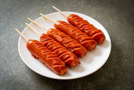 Fried sausage skewer on white plate | Premium Photo #Freepik #photo #sausage #grilled-sausage #grilled-pork #roast-pork Sausage Sticks, Sausage Packaging, Sausage Skewers, Sausage On A Stick, Sausages Packaging, Fried Sausage, Grilled Sausage, Roast Pork, White Plate