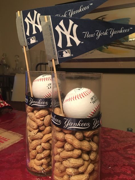 NY YANKEES Baseball party centerpieces Elegant Baseball Centerpieces, Simple Baseball Centerpieces, Baseball Banquet Dessert Table, Baseball Dinner Centerpieces, Yankees Party Decorations, Sports Party Decorations Centerpieces, Yankee Party Ideas, Sports Party Centerpieces Diy, Baseball Retirement Party Ideas