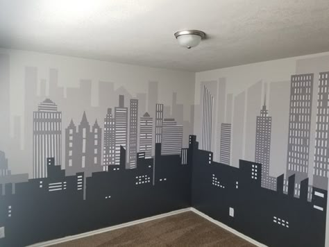 Batman Wall Painting, Batcave Bedroom, Batman Mural, Batman Kids Room, Spiderman Mural, Super Hero Room Ideas, Accent Wall Bedroom Paint, Modern Boys Rooms, Avengers Room