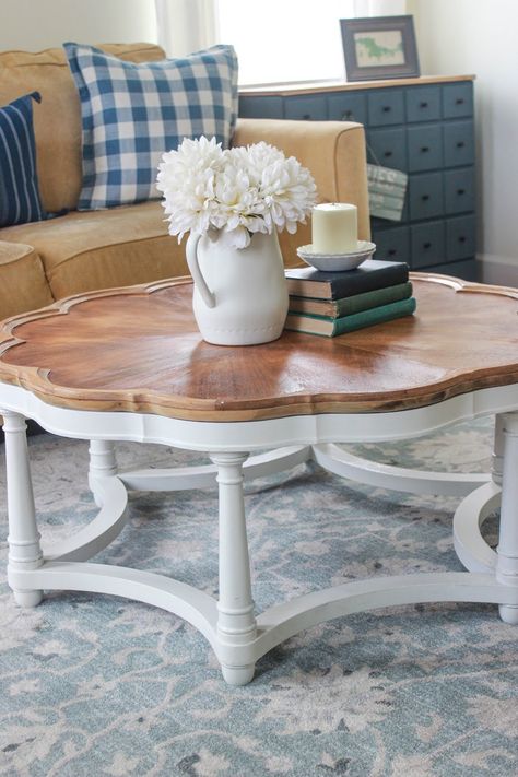 Scalloped Coffee Table, Living Room Plans, Coffee Table Makeover, Living Room Plan, Refinish Furniture, Refinished Furniture, White Paint Colors, Table Makeover, Coffee Table Vintage