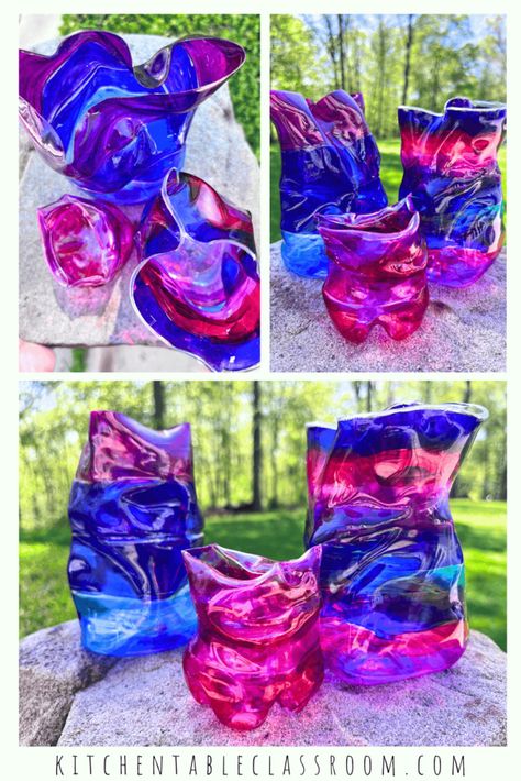 Up-cycle a PET plastic bottle into this DIY plastic vase. Coloring Plastic Bottles, Melting Plastic Bottles, Vitamin Bottle Crafts, Plastic Jug Crafts, Recycled Plastic Bottle Art Diy Projects, Painting Plastic Bottles, 2 Liter Bottle Crafts, Upcycle Plastic Containers, Diy Vase Ideas Recycling