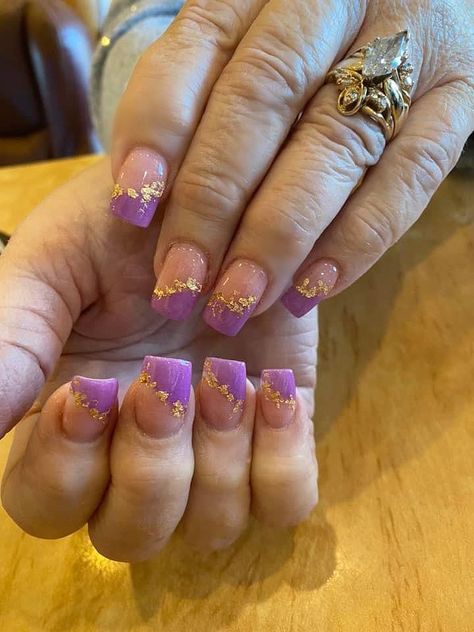 Purple And Gold Flake Nails, Purple And Gold Glitter Nails, Purple And Gold Almond Nails, Purple And Gold Nails Acrylic, Lavender And Gold Nails, Purple And Gold Nails Designs, Purple Gold Nails, Purple And Gold Nails, Gold Flake Nails