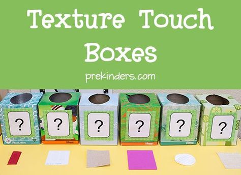 Texture Touch Boxes for Science Center in Preschool and Kindergarten. A fun, hand-on way for kids to feel different textures and describe. Touch Box Ideas, Box Study Preschool, Touch Activities, Five Senses Preschool, 5 Senses Activities, Pre-k Science, Senses Preschool, My Five Senses, Senses Activities