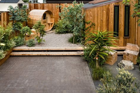 Lookbook - Gardenista San Francisco Backyard, Cedar Sauna, Backyard Spa, Sauna Kit, California Plants, Gravel Landscaping, Backyard Landscape, Outdoor Sauna, Landscape Designer