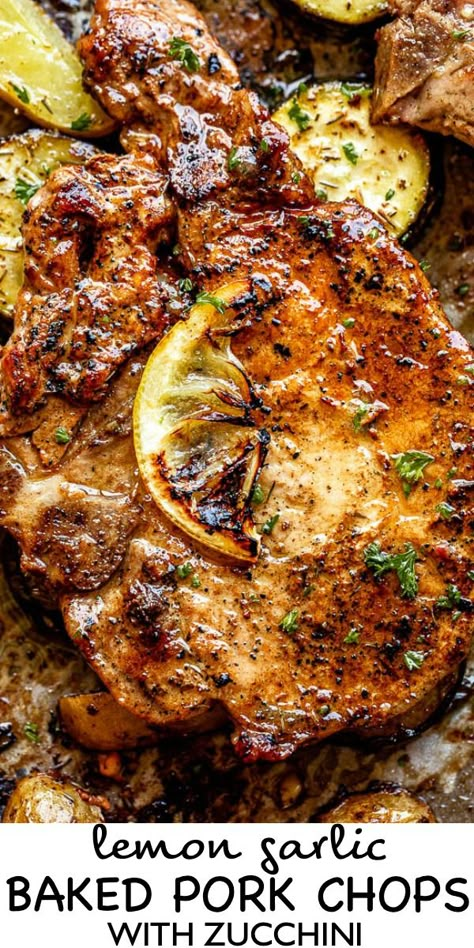 These Baked Pork Chops with Squash and Potatoes are soaked in a lemon garlic marinade for a hearty and flavorful meal. This easy recipe is great for weeknight dinners! #porkchops #bakedporkchops #howtobakeporkchops #pork #dinneridea Pork Chops And Squash Recipes, Baked Pork Chop Dinner Ideas, Mediterranean Pork Chops Recipes, Pork Chops Zucchini Recipes, Pork Chops With Zucchini And Squash, Pork Chop And Zucchini Recipe, Baked Porkchop, Pork Chop Recipes Mediterranean, Mediterranean Diet Pork Chop Recipes