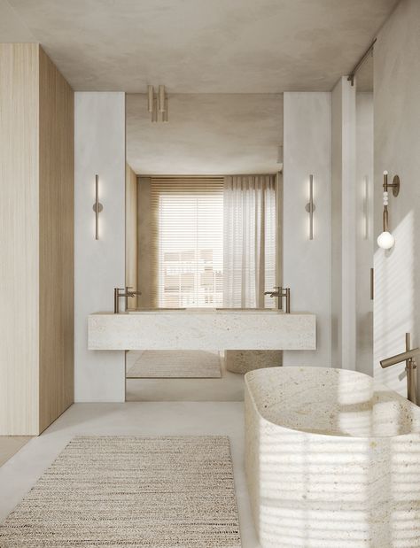 T.D.C: Wadham Gardens by Ohra Studio Natural Minimalist Bathroom, Modern Bathroom With Tub, Neutral Washroom, Feminine Aesthetic Home, Wood And White Bathroom, Neutral Master Bath, Italian Bathroom Design, Concrete Effect Paint, Interior Design London