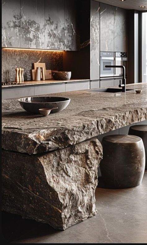 Rock Kitchen Island, Stone Island Kitchen, Kitchen Island Stone, Island Marble, Stone Kitchen Island, Organic Modern Kitchen, Tiny Kitchen Design, Wabi Sabi Interior, Stone Interior