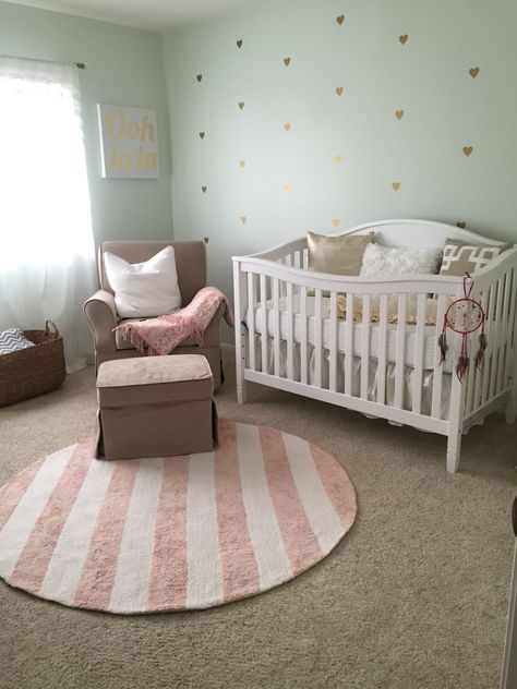 My baby girl's mint green, pink, and gold nursery Mint Green And Pink Nursery, Mint Green Nursery Girl, Baby Girl Nursery Green And Pink, Green And Pink Baby Room, Green And Pink Nursery, Purple Baby Rooms, Mint Green Nursery, Purple Girls Bedroom, Green Baby Room