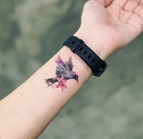 Raven Cycle Tattoo Ideas, Raven And Cardinal Tattoo, Raven Tattoo Wrist, Girly Raven Tattoo, Pretty Raven Tattoo, Raven And Lily Tattoo, Delicate Raven Tattoo, Colorful Raven Tattoo, Tiny Raven Tattoo