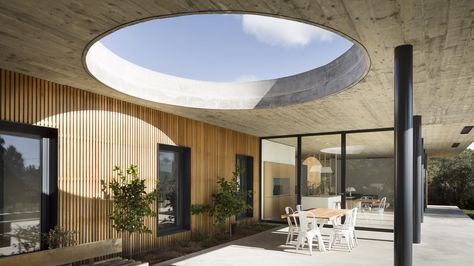 Huge round skylight punctures terrace canopy in south of France house Modern Concrete House Design, Circular Skylight, South Of France House, Skylight Architecture, Modern Skylights, Architectural Render, Modern Concrete House, Concrete House Design, Skylight Design