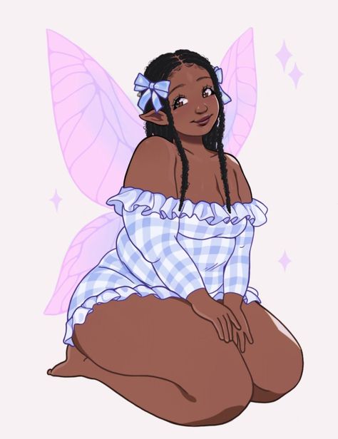 Drawing Chubby Female, Drawing Plus Size Women, Chubby Female Character Art, Chubby Girl Art, Kawaii Black Women, Fairy Plus Size, Body Neutrality, Plus Size Art, Black Art Painting