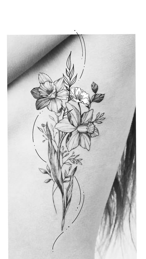 Bunch Of Daffodils Tattoo, Paperwhites Flower Tattoo, Narcissus Flower Spine Tattoo, Daffodil And Honeysuckle Tattoo, Narcissus Flower Tattoo Design, Marigold Vine Tattoo, Daffodil And Narcissus Tattoo, Daffodil Tattoo Thigh, Daffodil Arm Tattoo