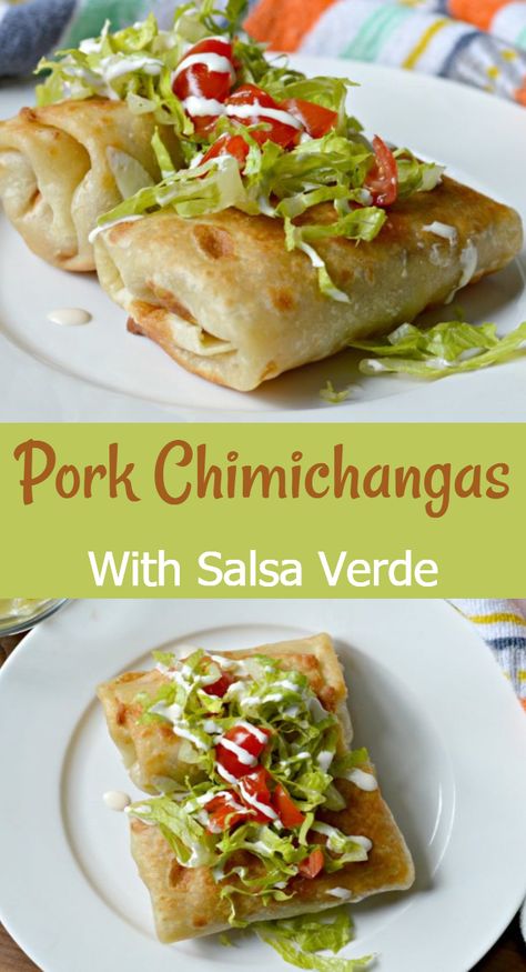 Learn how to make these delicious pork chimichangas with salsa verde for a tex-mex meal that all of your guests will fall in love with! Chimichanga Recipe Authentic, Pulled Pork Chimichanga Recipe, Recipes Using Salsa Verde, Pork Chimichanga Recipe, Tex Mex Recipes Authentic, Pork Chimichangas, Chimichanga Recipes, Recipe With Salsa, Pork Burritos