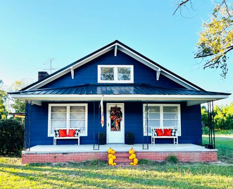 Blue exterior house paint on our home. Blue Roof House Colors Exterior Paint, Bright Exterior Paint Colors For House, Blue Exterior Ranch House, Bright Blue Exterior House Colors, Medium Blue House Exterior, Bright Blue House Exterior, Indigo House Exterior, Cobalt Blue Exterior House, Salty Dog Exterior Paint